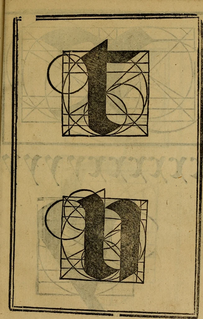 An illustration from Thesavro de scrittori : opera artificiosa, laquale con grandissima arte, si per pratica come per geometria, insegna a scriuere diuerse sorte littere, cioe cancellerescha, merchantescha, formata, cursiua, antiqua, moderna et bastarda, de piu sorte : cum uiarij e bellissimi exempli & altre sorte littere de uarie lingue, cioe grecha, hebraicha, caldea & arabicha : tutte extratte da diuersi et probatissimi auttori, & massimamente da lo praeclarissimo Sigismvndo Fanto, nobile ferrarese, mathematico et architettore eruditissimo, dele mesure e ragione de littere primo inuentore, 1532, leaf 68