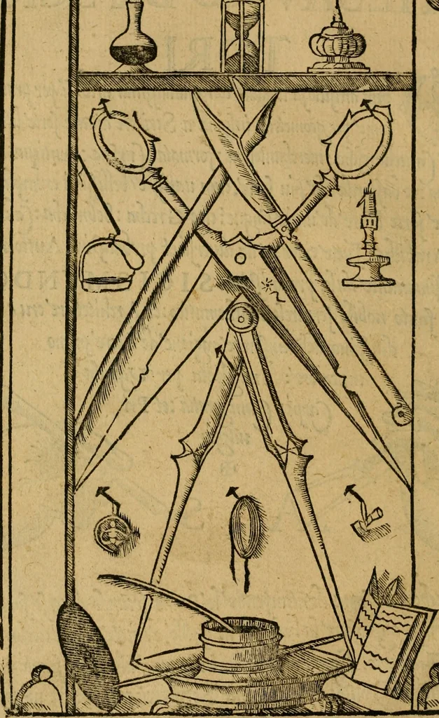 An illustration from Thesavro de scrittori : opera artificiosa, laquale con grandissima arte, si per pratica come per geometria, insegna a scriuere diuerse sorte littere, cioe cancellerescha, merchantescha, formata, cursiua, antiqua, moderna et bastarda, de piu sorte : cum uiarij e bellissimi exempli & altre sorte littere de uarie lingue, cioe grecha, hebraicha, caldea & arabicha : tutte extratte da diuersi et probatissimi auttori, & massimamente da lo praeclarissimo Sigismvndo Fanto, nobile ferrarese, mathematico et architettore eruditissimo, dele mesure e ragione de littere primo inuentore, 1532, leaf 7
