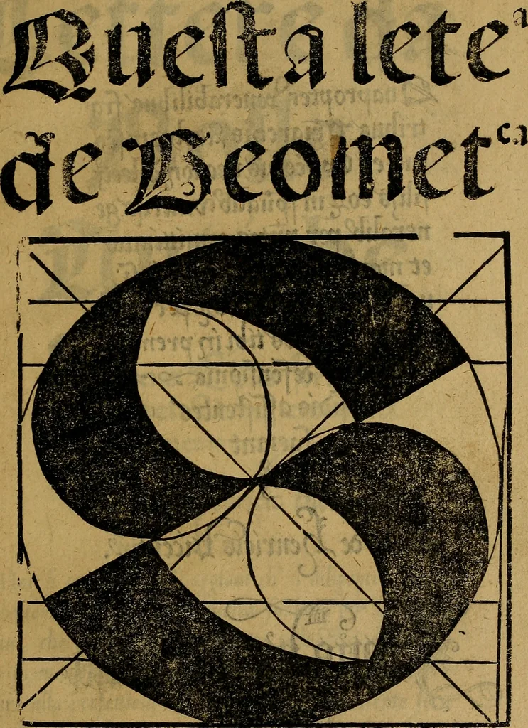 An illustration from Thesavro de scrittori : opera artificiosa, laquale con grandissima arte, si per pratica come per geometria, insegna a scriuere diuerse sorte littere, cioe cancellerescha, merchantescha, formata, cursiua, antiqua, moderna et bastarda, de piu sorte : cum uiarij e bellissimi exempli & altre sorte littere de uarie lingue, cioe grecha, hebraicha, caldea & arabicha : tutte extratte da diuersi et probatissimi auttori, & massimamente da lo praeclarissimo Sigismvndo Fanto, nobile ferrarese, mathematico et architettore eruditissimo, dele mesure e ragione de littere primo inuentore, 1532, leaf 72