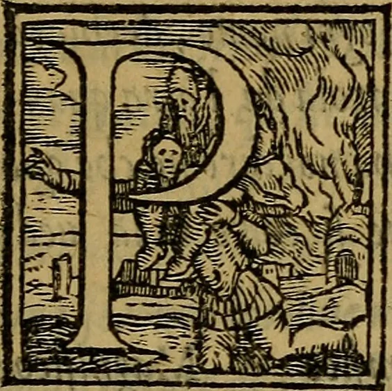 An illustration from Thesavro de scrittori : opera artificiosa, laquale con grandissima arte, si per pratica come per geometria, insegna a scriuere diuerse sorte littere, cioe cancellerescha, merchantescha, formata, cursiua, antiqua, moderna et bastarda, de piu sorte : cum uiarij e bellissimi exempli & altre sorte littere de uarie lingue, cioe grecha, hebraicha, caldea & arabicha : tutte extratte da diuersi et probatissimi auttori, & massimamente da lo praeclarissimo Sigismvndo Fanto, nobile ferrarese, mathematico et architettore eruditissimo, dele mesure e ragione de littere primo inuentore, 1532, leaf 88