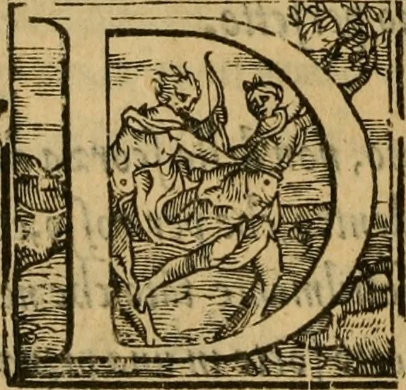 An illustration from Thesavro de scrittori : opera artificiosa, laquale con grandissima arte, si per pratica come per geometria, insegna a scriuere diuerse sorte littere, cioe cancellerescha, merchantescha, formata, cursiua, antiqua, moderna et bastarda, de piu sorte : cum uiarij e bellissimi exempli & altre sorte littere de uarie lingue, cioe grecha, hebraicha, caldea & arabicha : tutte extratte da diuersi et probatissimi auttori, & massimamente da lo praeclarissimo Sigismvndo Fanto, nobile ferrarese, mathematico et architettore eruditissimo, dele mesure e ragione de littere primo inuentore, 1532, leaf 91
