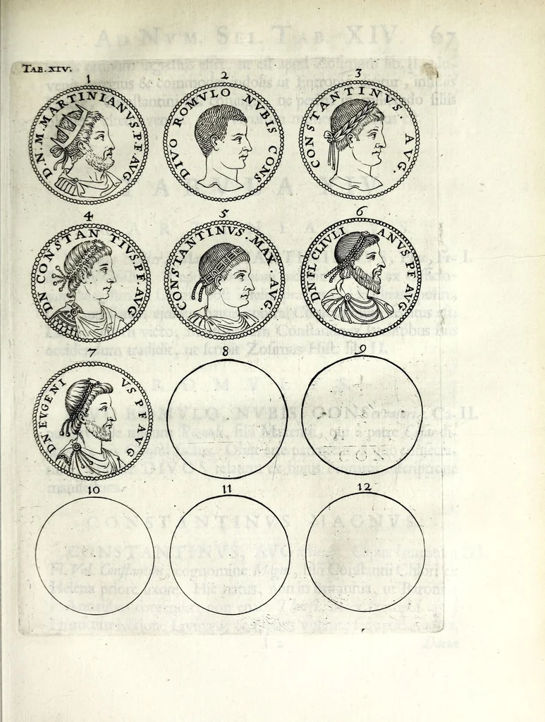 An illustration from Thesavrvs selectorvm nvmismatvm antiqvorvm : quo, praeter imagines & seriem imperatorum Romanorum à C. IVL. Caesare ad Constantinvm Magnum usque, quicquid fere monumentorum ex Romana antiquitate in nummis veteribus restat, reconditum est : cum singulorum succincta descriptione & accurata enarratione, 1677, leaf 115