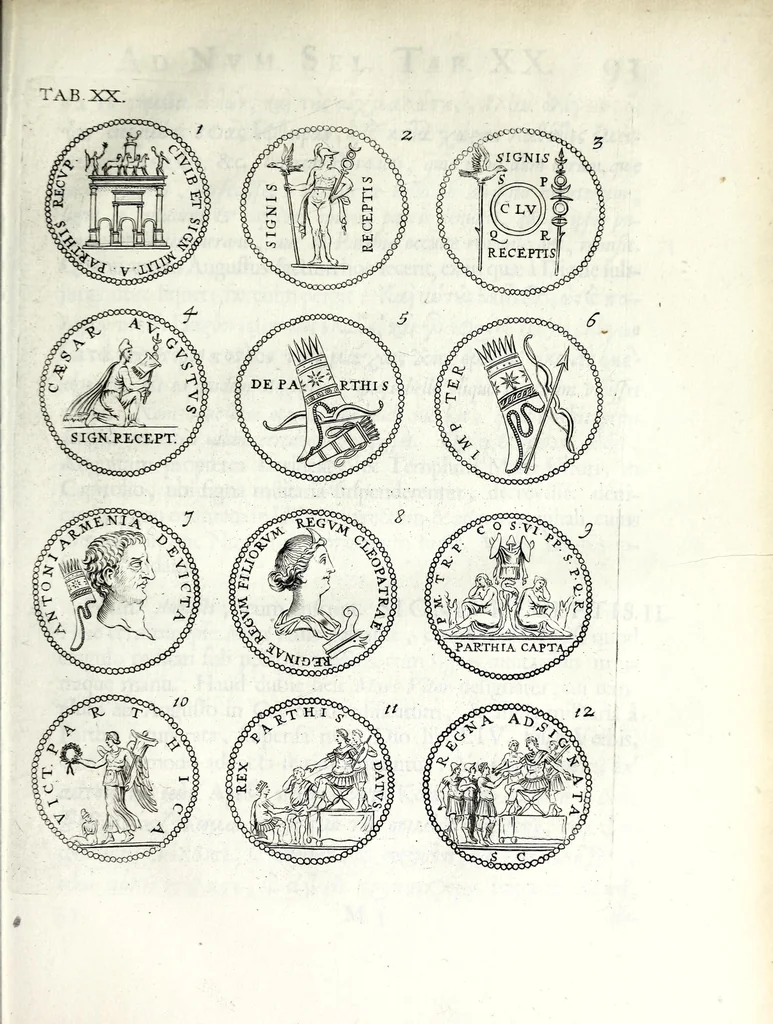An illustration from Thesavrvs selectorvm nvmismatvm antiqvorvm : quo, praeter imagines & seriem imperatorum Romanorum à C. IVL. Caesare ad Constantinvm Magnum usque, quicquid fere monumentorum ex Romana antiquitate in nummis veteribus restat, reconditum est : cum singulorum succincta descriptione & accurata enarratione, 1677, leaf 153