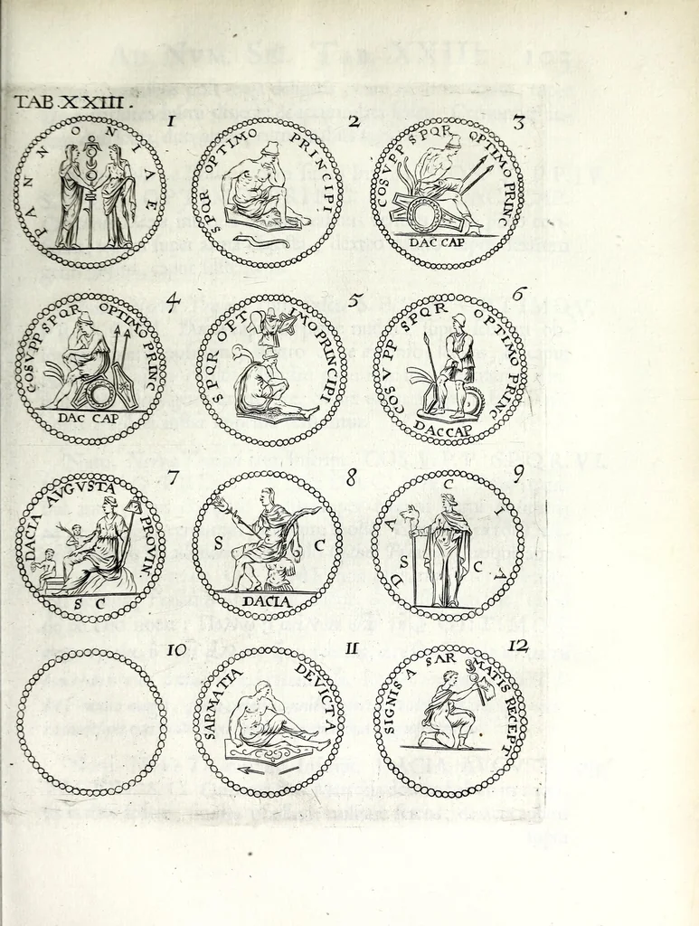 An illustration from Thesavrvs selectorvm nvmismatvm antiqvorvm : quo, praeter imagines & seriem imperatorum Romanorum à C. IVL. Caesare ad Constantinvm Magnum usque, quicquid fere monumentorum ex Romana antiquitate in nummis veteribus restat, reconditum est : cum singulorum succincta descriptione & accurata enarratione, 1677, leaf 169