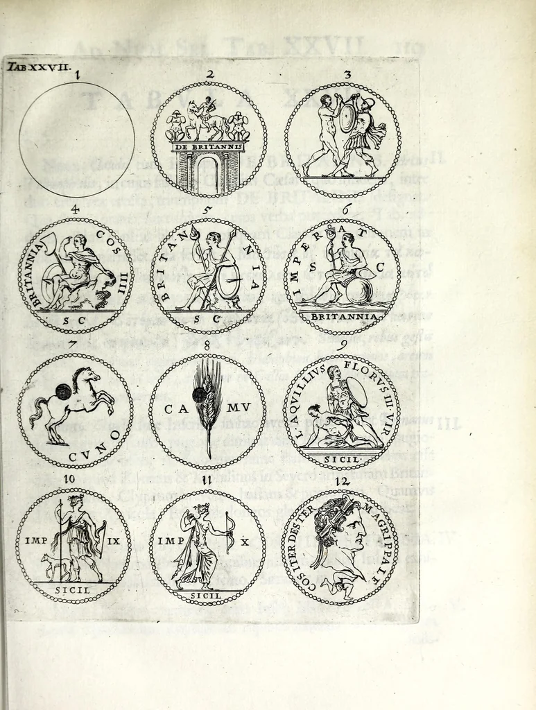 An illustration from Thesavrvs selectorvm nvmismatvm antiqvorvm : quo, praeter imagines & seriem imperatorum Romanorum à C. IVL. Caesare ad Constantinvm Magnum usque, quicquid fere monumentorum ex Romana antiquitate in nummis veteribus restat, reconditum est : cum singulorum succincta descriptione & accurata enarratione, 1677, leaf 193