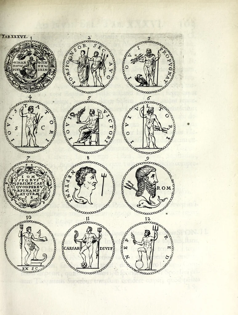 An illustration from Thesavrvs selectorvm nvmismatvm antiqvorvm : quo, praeter imagines & seriem imperatorum Romanorum à C. IVL. Caesare ad Constantinvm Magnum usque, quicquid fere monumentorum ex Romana antiquitate in nummis veteribus restat, reconditum est : cum singulorum succincta descriptione & accurata enarratione, 1677, leaf 255