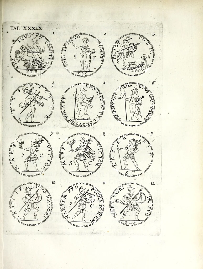 An illustration from Thesavrvs selectorvm nvmismatvm antiqvorvm : quo, praeter imagines & seriem imperatorum Romanorum à C. IVL. Caesare ad Constantinvm Magnum usque, quicquid fere monumentorum ex Romana antiquitate in nummis veteribus restat, reconditum est : cum singulorum succincta descriptione & accurata enarratione, 1677, leaf 287
