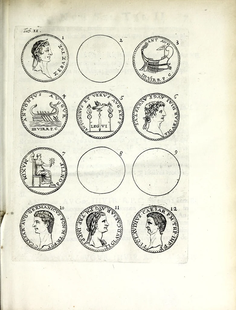 An illustration from Thesavrvs selectorvm nvmismatvm antiqvorvm : quo, praeter imagines & seriem imperatorum Romanorum à C. IVL. Caesare ad Constantinvm Magnum usque, quicquid fere monumentorum ex Romana antiquitate in nummis veteribus restat, reconditum est : cum singulorum succincta descriptione & accurata enarratione, 1677, leaf 31