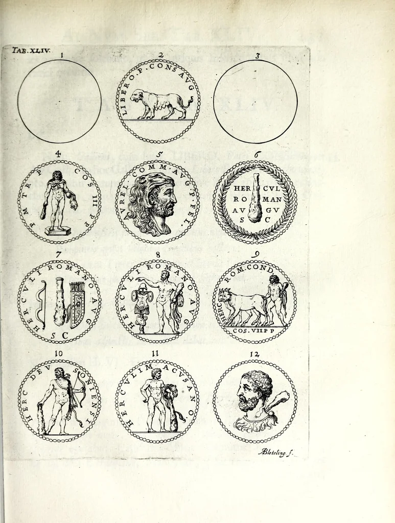 An illustration from Thesavrvs selectorvm nvmismatvm antiqvorvm : quo, praeter imagines & seriem imperatorum Romanorum à C. IVL. Caesare ad Constantinvm Magnum usque, quicquid fere monumentorum ex Romana antiquitate in nummis veteribus restat, reconditum est : cum singulorum succincta descriptione & accurata enarratione, 1677, leaf 339
