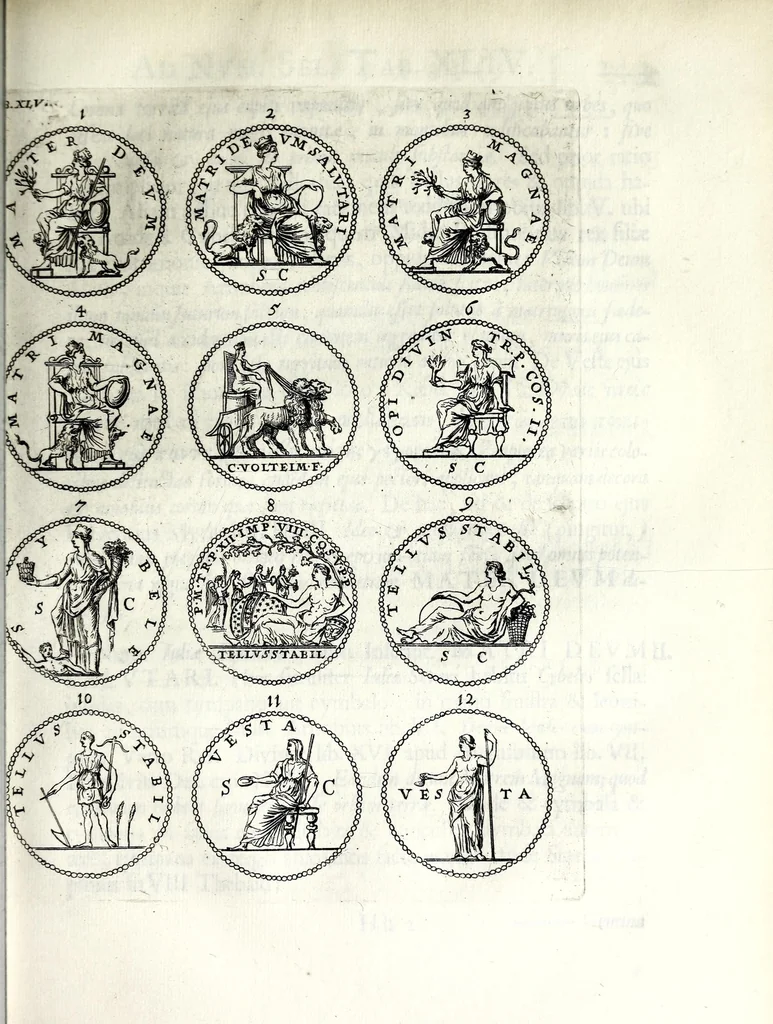 An illustration from Thesavrvs selectorvm nvmismatvm antiqvorvm : quo, praeter imagines & seriem imperatorum Romanorum à C. IVL. Caesare ad Constantinvm Magnum usque, quicquid fere monumentorum ex Romana antiquitate in nummis veteribus restat, reconditum est : cum singulorum succincta descriptione & accurata enarratione, 1677, leaf 353