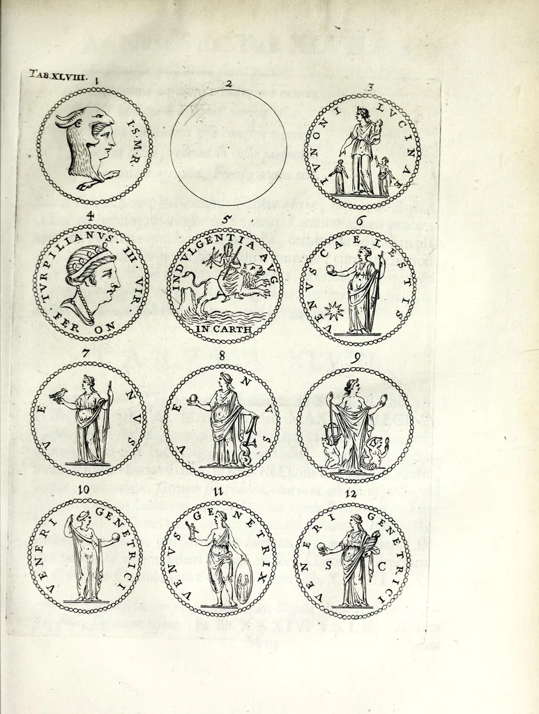 An illustration from Thesavrvs selectorvm nvmismatvm antiqvorvm : quo, praeter imagines & seriem imperatorum Romanorum à C. IVL. Caesare ad Constantinvm Magnum usque, quicquid fere monumentorum ex Romana antiquitate in nummis veteribus restat, reconditum est : cum singulorum succincta descriptione & accurata enarratione, 1677, leaf 389