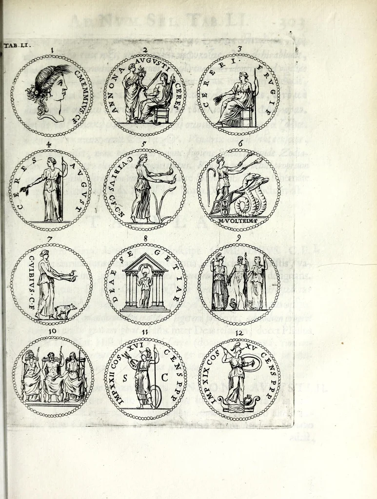 An illustration from Thesavrvs selectorvm nvmismatvm antiqvorvm : quo, praeter imagines & seriem imperatorum Romanorum à C. IVL. Caesare ad Constantinvm Magnum usque, quicquid fere monumentorum ex Romana antiquitate in nummis veteribus restat, reconditum est : cum singulorum succincta descriptione & accurata enarratione, 1677, leaf 425