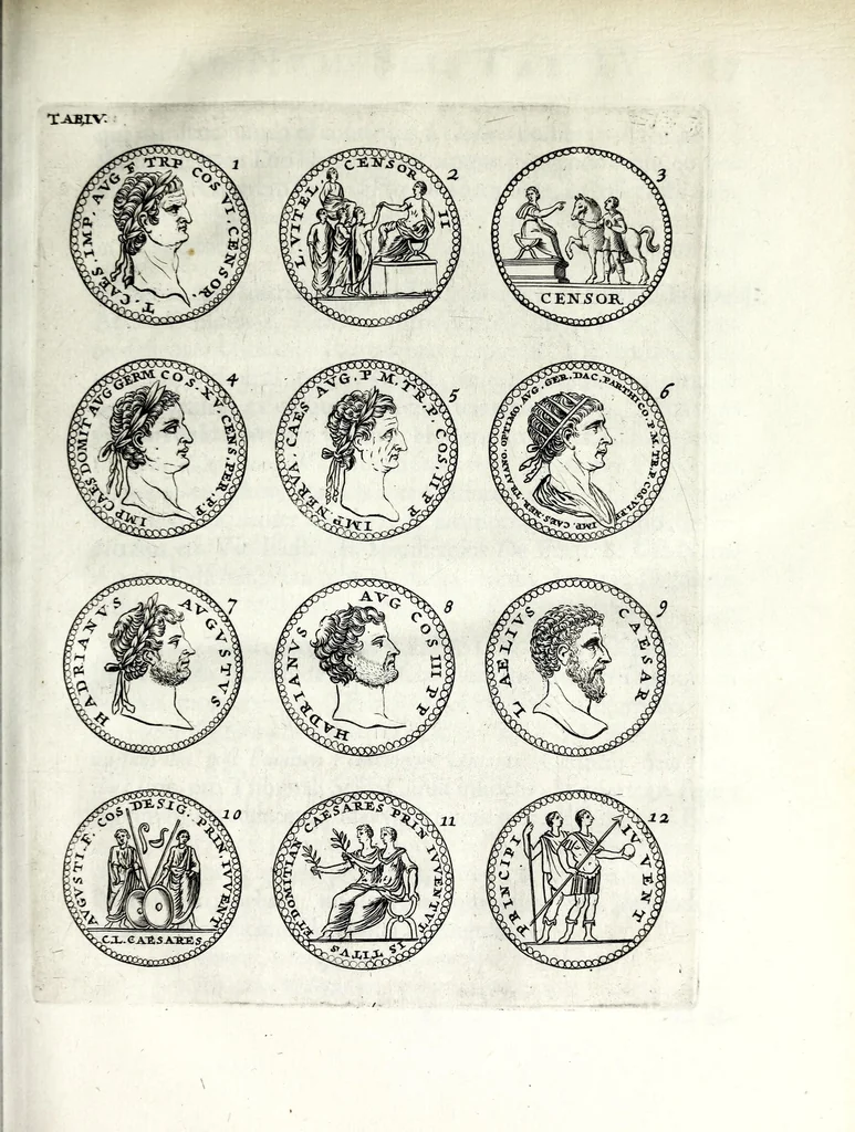An illustration from Thesavrvs selectorvm nvmismatvm antiqvorvm : quo, praeter imagines & seriem imperatorum Romanorum à C. IVL. Caesare ad Constantinvm Magnum usque, quicquid fere monumentorum ex Romana antiquitate in nummis veteribus restat, reconditum est : cum singulorum succincta descriptione & accurata enarratione, 1677, leaf 45