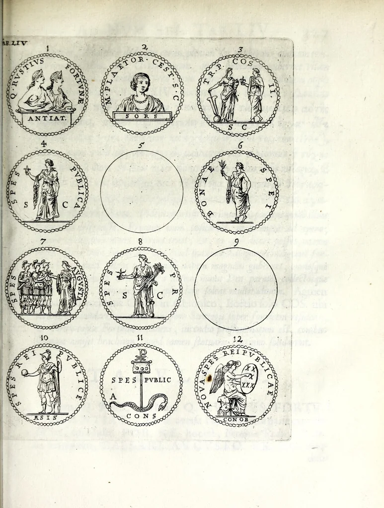 An illustration from Thesavrvs selectorvm nvmismatvm antiqvorvm : quo, praeter imagines & seriem imperatorum Romanorum à C. IVL. Caesare ad Constantinvm Magnum usque, quicquid fere monumentorum ex Romana antiquitate in nummis veteribus restat, reconditum est : cum singulorum succincta descriptione & accurata enarratione, 1677, leaf 455