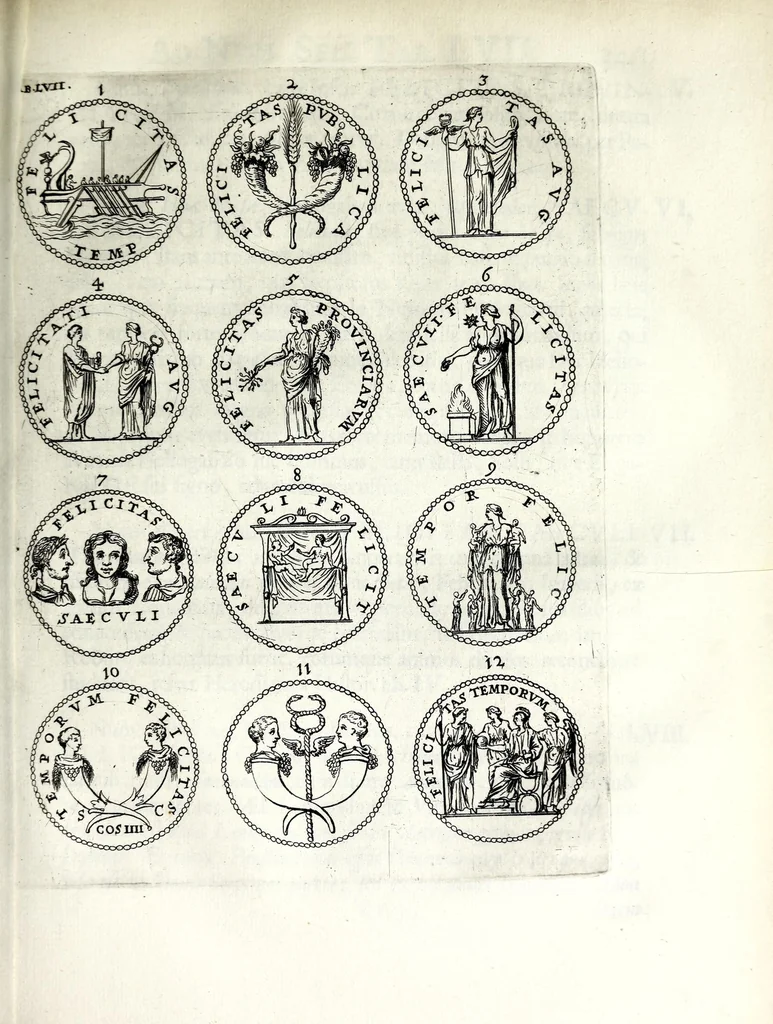 An illustration from Thesavrvs selectorvm nvmismatvm antiqvorvm : quo, praeter imagines & seriem imperatorum Romanorum à C. IVL. Caesare ad Constantinvm Magnum usque, quicquid fere monumentorum ex Romana antiquitate in nummis veteribus restat, reconditum est : cum singulorum succincta descriptione & accurata enarratione, 1677, leaf 475