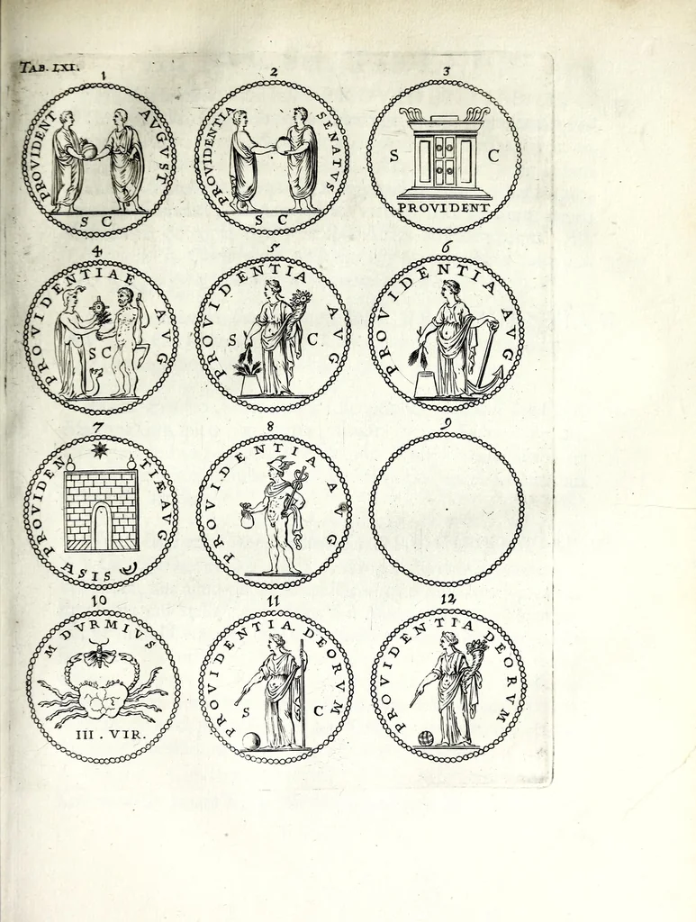 An illustration from Thesavrvs selectorvm nvmismatvm antiqvorvm : quo, praeter imagines & seriem imperatorum Romanorum à C. IVL. Caesare ad Constantinvm Magnum usque, quicquid fere monumentorum ex Romana antiquitate in nummis veteribus restat, reconditum est : cum singulorum succincta descriptione & accurata enarratione, 1677, leaf 497