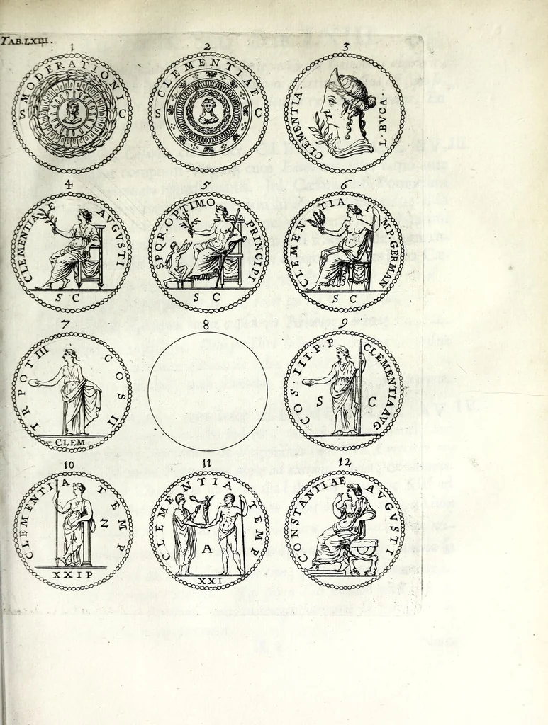 An illustration from Thesavrvs selectorvm nvmismatvm antiqvorvm : quo, praeter imagines & seriem imperatorum Romanorum à C. IVL. Caesare ad Constantinvm Magnum usque, quicquid fere monumentorum ex Romana antiquitate in nummis veteribus restat, reconditum est : cum singulorum succincta descriptione & accurata enarratione, 1677, leaf 507