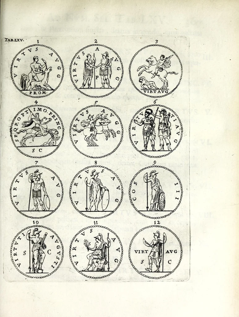 An illustration from Thesavrvs selectorvm nvmismatvm antiqvorvm : quo, praeter imagines & seriem imperatorum Romanorum à C. IVL. Caesare ad Constantinvm Magnum usque, quicquid fere monumentorum ex Romana antiquitate in nummis veteribus restat, reconditum est : cum singulorum succincta descriptione & accurata enarratione, 1677, leaf 517