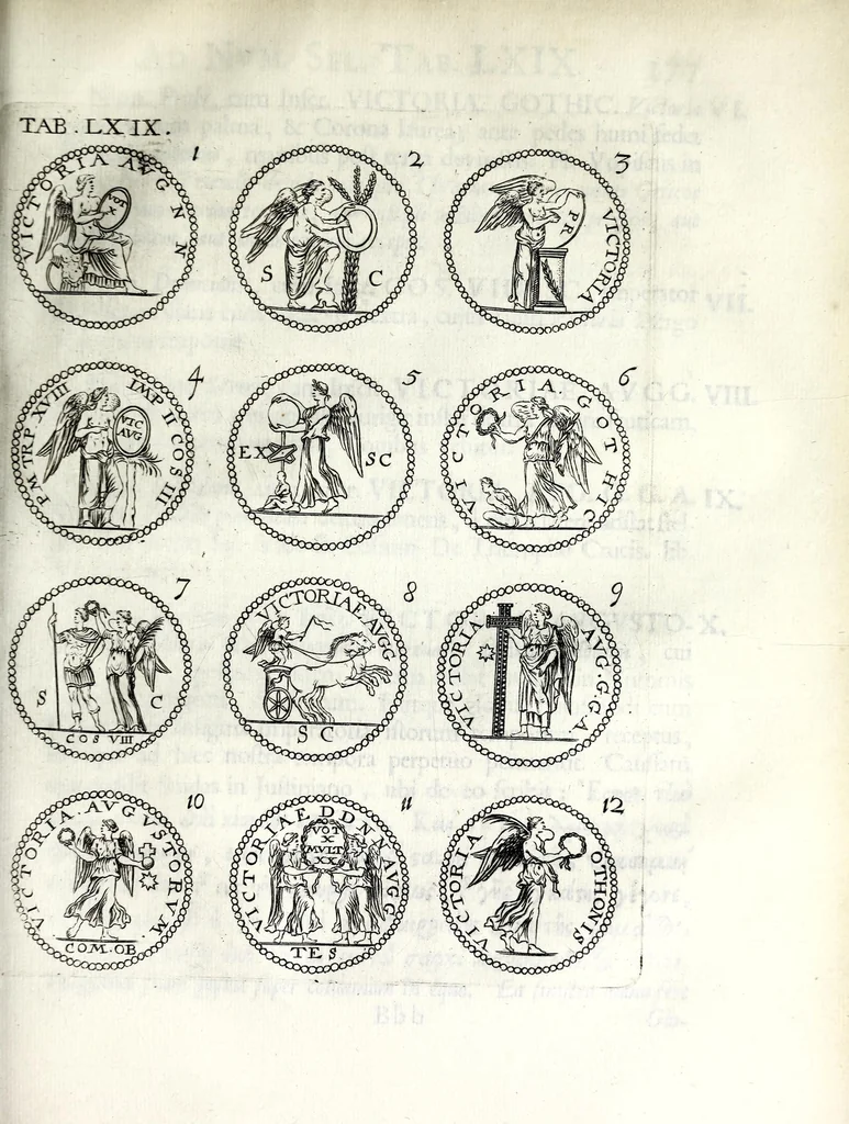 An illustration from Thesavrvs selectorvm nvmismatvm antiqvorvm : quo, praeter imagines & seriem imperatorum Romanorum à C. IVL. Caesare ad Constantinvm Magnum usque, quicquid fere monumentorum ex Romana antiquitate in nummis veteribus restat, reconditum est : cum singulorum succincta descriptione & accurata enarratione, 1677, leaf 535
