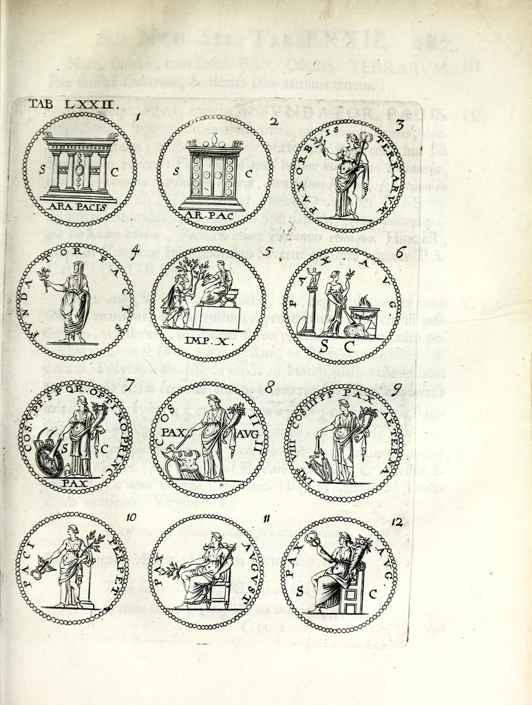 An illustration from Thesavrvs selectorvm nvmismatvm antiqvorvm : quo, praeter imagines & seriem imperatorum Romanorum à C. IVL. Caesare ad Constantinvm Magnum usque, quicquid fere monumentorum ex Romana antiquitate in nummis veteribus restat, reconditum est : cum singulorum succincta descriptione & accurata enarratione, 1677, leaf 551
