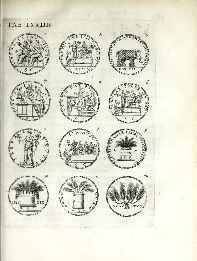 An illustration from Thesavrvs selectorvm nvmismatvm antiqvorvm : quo, praeter imagines & seriem imperatorum Romanorum à C. IVL. Caesare ad Constantinvm Magnum usque, quicquid fere monumentorum ex Romana antiquitate in nummis veteribus restat, reconditum est : cum singulorum succincta descriptione & accurata enarratione, 1677, leaf 563