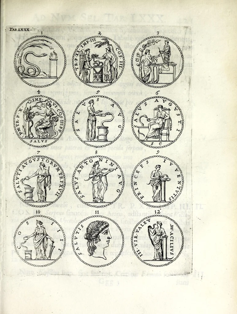An illustration from Thesavrvs selectorvm nvmismatvm antiqvorvm : quo, praeter imagines & seriem imperatorum Romanorum à C. IVL. Caesare ad Constantinvm Magnum usque, quicquid fere monumentorum ex Romana antiquitate in nummis veteribus restat, reconditum est : cum singulorum succincta descriptione & accurata enarratione, 1677, leaf 603