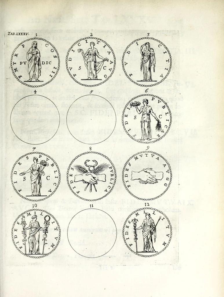 An illustration from Thesavrvs selectorvm nvmismatvm antiqvorvm : quo, praeter imagines & seriem imperatorum Romanorum à C. IVL. Caesare ad Constantinvm Magnum usque, quicquid fere monumentorum ex Romana antiquitate in nummis veteribus restat, reconditum est : cum singulorum succincta descriptione & accurata enarratione, 1677, leaf 627