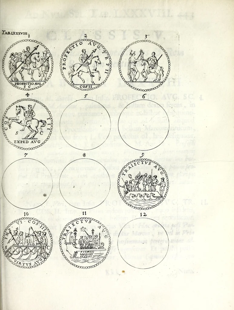 An illustration from Thesavrvs selectorvm nvmismatvm antiqvorvm : quo, praeter imagines & seriem imperatorum Romanorum à C. IVL. Caesare ad Constantinvm Magnum usque, quicquid fere monumentorum ex Romana antiquitate in nummis veteribus restat, reconditum est : cum singulorum succincta descriptione & accurata enarratione, 1677, leaf 641
