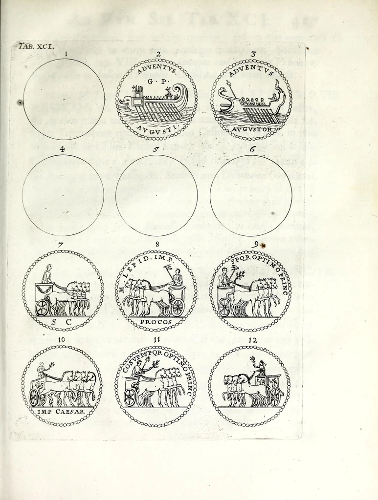 An illustration from Thesavrvs selectorvm nvmismatvm antiqvorvm : quo, praeter imagines & seriem imperatorum Romanorum à C. IVL. Caesare ad Constantinvm Magnum usque, quicquid fere monumentorum ex Romana antiquitate in nummis veteribus restat, reconditum est : cum singulorum succincta descriptione & accurata enarratione, 1677, leaf 661