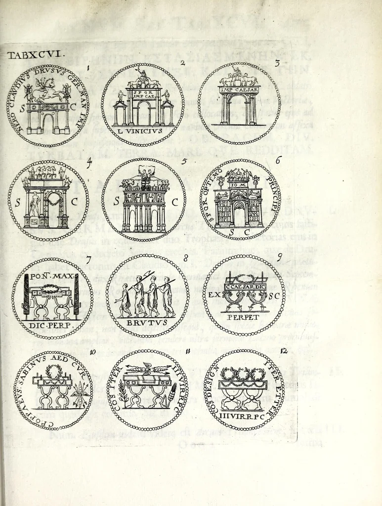 An illustration from Thesavrvs selectorvm nvmismatvm antiqvorvm : quo, praeter imagines & seriem imperatorum Romanorum à C. IVL. Caesare ad Constantinvm Magnum usque, quicquid fere monumentorum ex Romana antiquitate in nummis veteribus restat, reconditum est : cum singulorum succincta descriptione & accurata enarratione, 1677, leaf 689