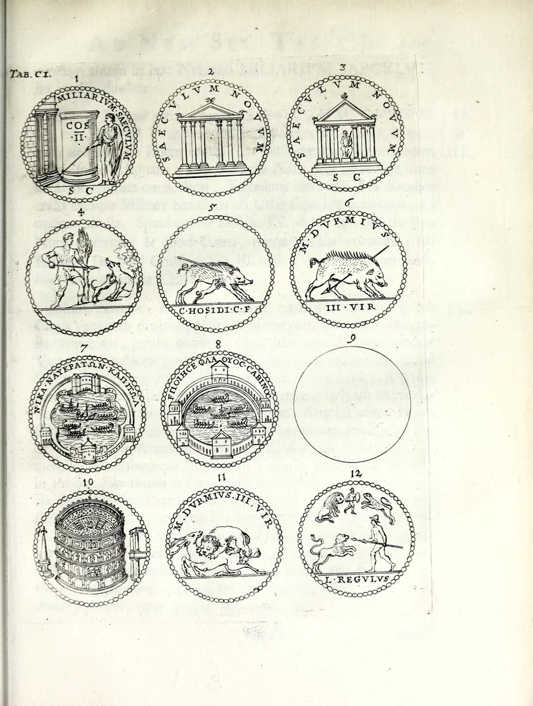 An illustration from Thesavrvs selectorvm nvmismatvm antiqvorvm : quo, praeter imagines & seriem imperatorum Romanorum à C. IVL. Caesare ad Constantinvm Magnum usque, quicquid fere monumentorum ex Romana antiquitate in nummis veteribus restat, reconditum est : cum singulorum succincta descriptione & accurata enarratione, 1677, leaf 723