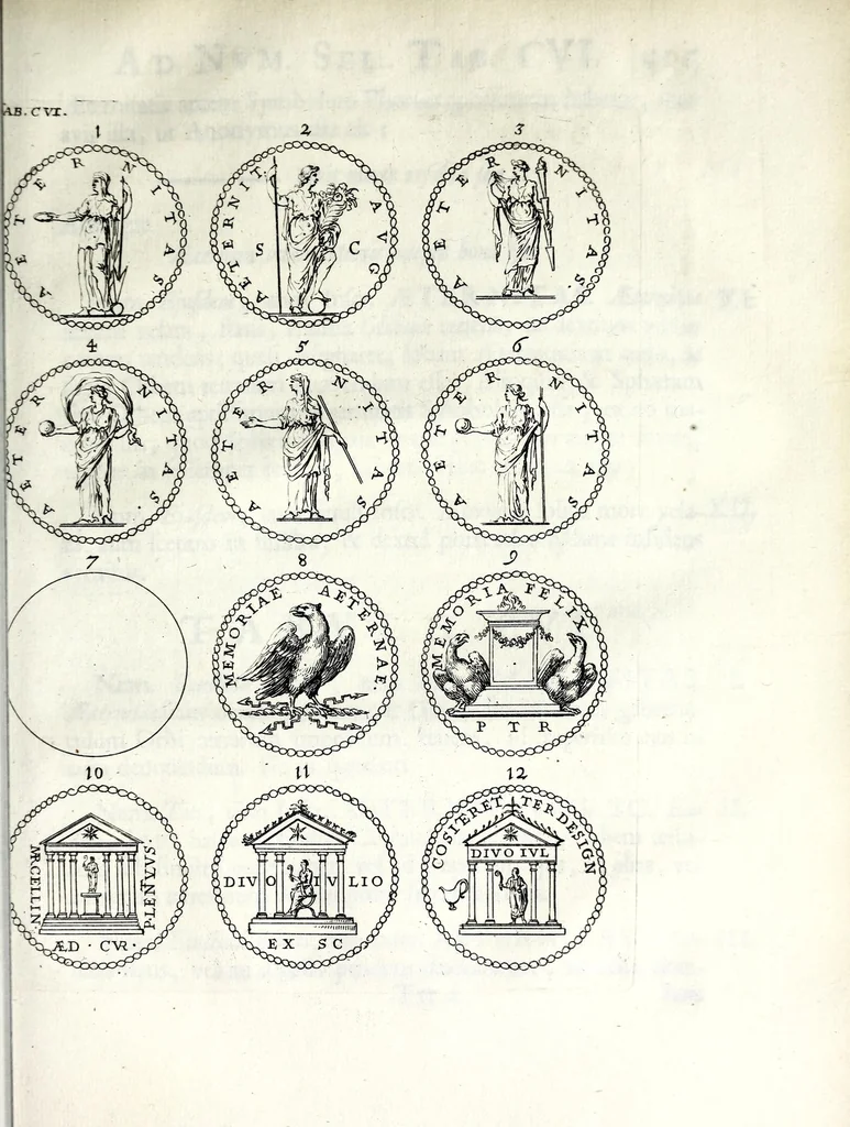 An illustration from Thesavrvs selectorvm nvmismatvm antiqvorvm : quo, praeter imagines & seriem imperatorum Romanorum à C. IVL. Caesare ad Constantinvm Magnum usque, quicquid fere monumentorum ex Romana antiquitate in nummis veteribus restat, reconditum est : cum singulorum succincta descriptione & accurata enarratione, 1677, leaf 751