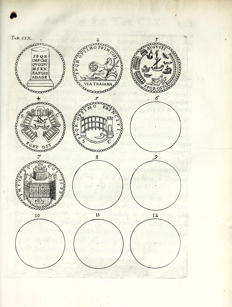 An illustration from Thesavrvs selectorvm nvmismatvm antiqvorvm : quo, praeter imagines & seriem imperatorum Romanorum à C. IVL. Caesare ad Constantinvm Magnum usque, quicquid fere monumentorum ex Romana antiquitate in nummis veteribus restat, reconditum est : cum singulorum succincta descriptione & accurata enarratione, 1677, leaf 773