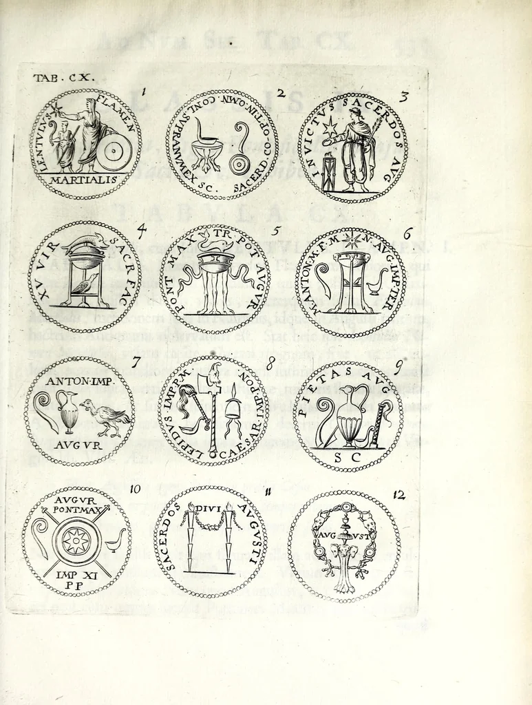 An illustration from Thesavrvs selectorvm nvmismatvm antiqvorvm : quo, praeter imagines & seriem imperatorum Romanorum à C. IVL. Caesare ad Constantinvm Magnum usque, quicquid fere monumentorum ex Romana antiquitate in nummis veteribus restat, reconditum est : cum singulorum succincta descriptione & accurata enarratione, 1677, leaf 779