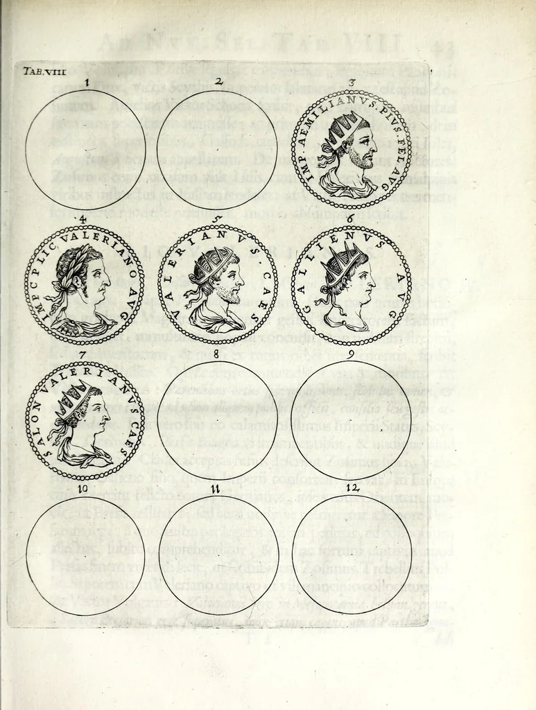 An illustration from Thesavrvs selectorvm nvmismatvm antiqvorvm : quo, praeter imagines & seriem imperatorum Romanorum à C. IVL. Caesare ad Constantinvm Magnum usque, quicquid fere monumentorum ex Romana antiquitate in nummis veteribus restat, reconditum est : cum singulorum succincta descriptione & accurata enarratione, 1677, leaf 79