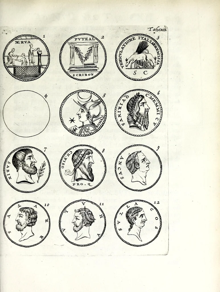 An illustration from Thesavrvs selectorvm nvmismatvm antiqvorvm : quo, praeter imagines & seriem imperatorum Romanorum à C. IVL. Caesare ad Constantinvm Magnum usque, quicquid fere monumentorum ex Romana antiquitate in nummis veteribus restat, reconditum est : cum singulorum succincta descriptione & accurata enarratione, 1677, leaf 797
