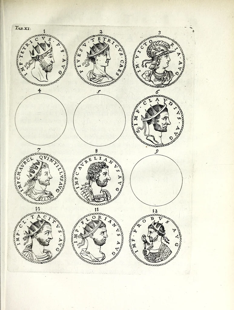 An illustration from Thesavrvs selectorvm nvmismatvm antiqvorvm : quo, praeter imagines & seriem imperatorum Romanorum à C. IVL. Caesare ad Constantinvm Magnum usque, quicquid fere monumentorum ex Romana antiquitate in nummis veteribus restat, reconditum est : cum singulorum succincta descriptione & accurata enarratione, 1677, leaf 95