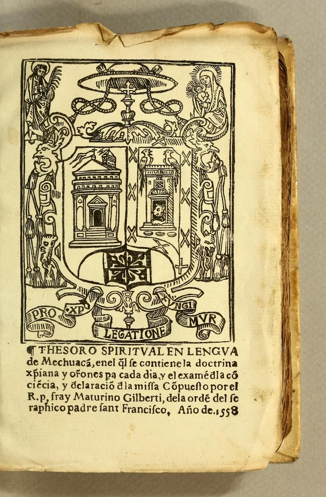 An illustration from Thesoro spiritual en lengua de Mechuaca[n], : en el q[ua]l se contiene la doctrina [chr]istiana y or[aci]ones p[ar]a cada dia, y el exame[n] d[e] la co[n]cie[n]cia, y d[e]claracio[n] d[e] la missa, 1558, leaf 3