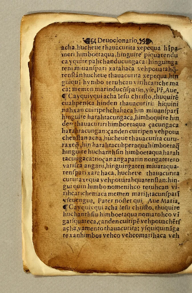 An illustration from Thesoro spiritual en lengua de Mechuaca[n], : en el q[ua]l se contiene la doctrina [chr]istiana y or[aci]ones p[ar]a cada dia, y el exame[n] d[e] la co[n]cie[n]cia, y d[e]claracio[n] d[e] la missa, 1558, leaf 34