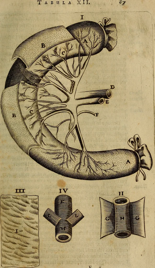 An illustration from Thomae Bartholini Archiatri Danici, Anatome quartum renovata : non tantum ex Institutionibus b.m. parentis, Caspari Bartholini, sed etiam ex omnium cùm veterum, tum recentiorum observationibus, ad circulationem Harveianam, & vasa lymphatica directis : cum iconibus novis et indicibus, 1684, leaf 124