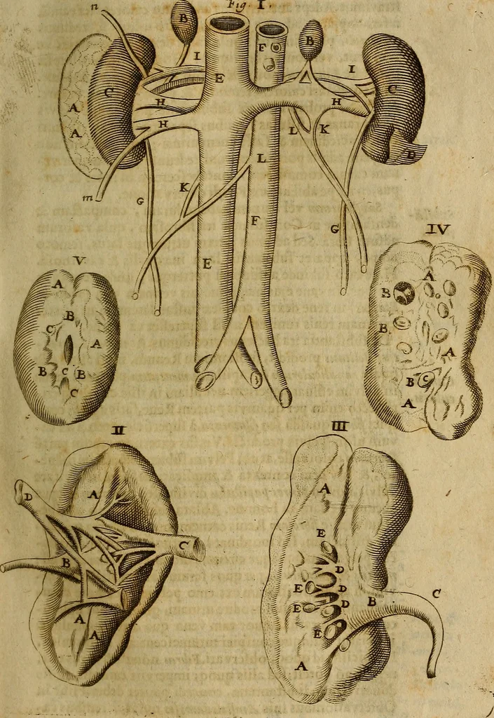 An illustration from Thomae Bartholini Archiatri Danici, Anatome quartum renovata : non tantum ex Institutionibus b.m. parentis, Caspari Bartholini, sed etiam ex omnium cùm veterum, tum recentiorum observationibus, ad circulationem Harveianam, & vasa lymphatica directis : cum iconibus novis et indicibus, 1684, leaf 220