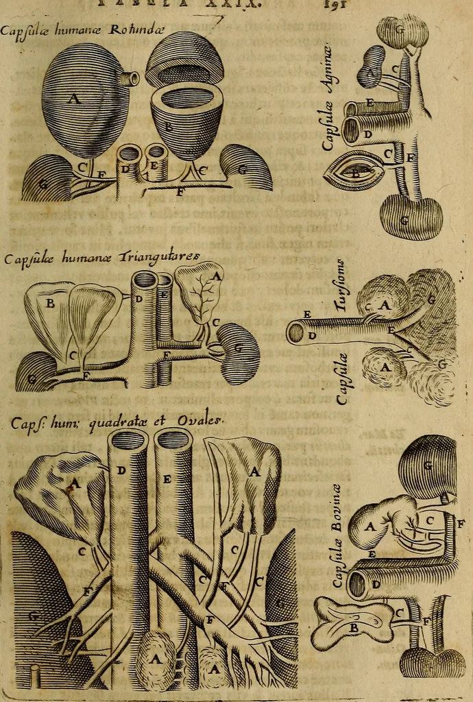 An illustration from Thomae Bartholini Archiatri Danici, Anatome quartum renovata : non tantum ex Institutionibus b.m. parentis, Caspari Bartholini, sed etiam ex omnium cùm veterum, tum recentiorum observationibus, ad circulationem Harveianam, & vasa lymphatica directis : cum iconibus novis et indicibus, 1684, leaf 232