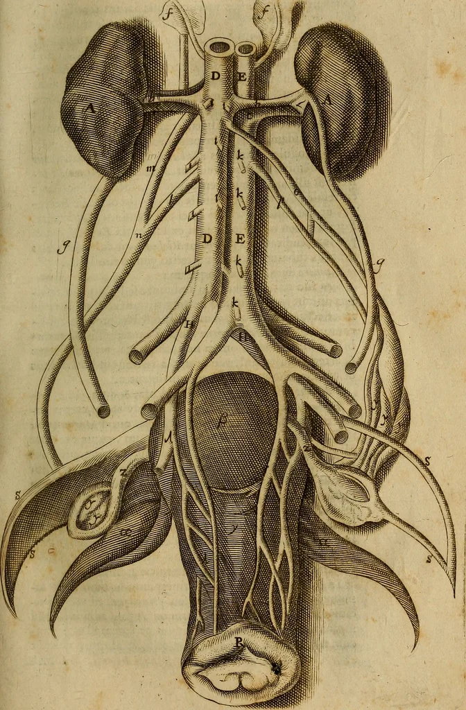 An illustration from Thomae Bartholini Archiatri Danici, Anatome quartum renovata : non tantum ex Institutionibus b.m. parentis, Caspari Bartholini, sed etiam ex omnium cùm veterum, tum recentiorum observationibus, ad circulationem Harveianam, & vasa lymphatica directis : cum iconibus novis et indicibus, 1684, leaf 300