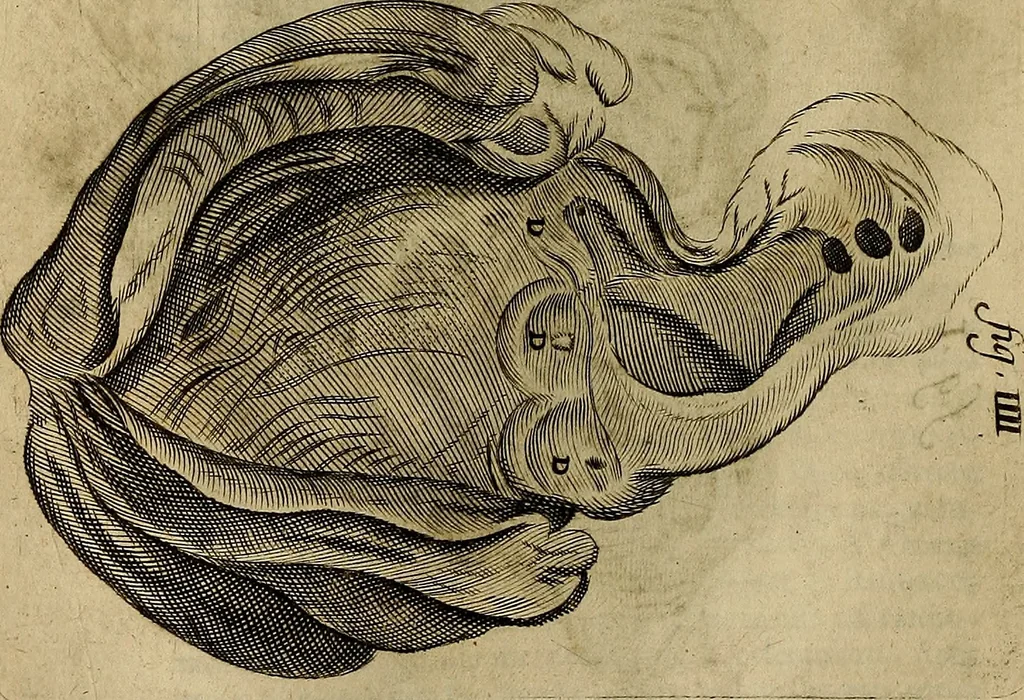 An illustration from Thomae Bartholini Archiatri Danici, Anatome quartum renovata : non tantum ex Institutionibus b.m. parentis, Caspari Bartholini, sed etiam ex omnium cùm veterum, tum recentiorum observationibus, ad circulationem Harveianam, & vasa lymphatica directis : cum iconibus novis et indicibus, 1684, leaf 443