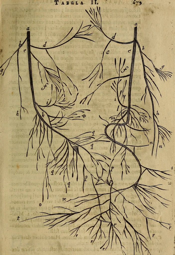 An illustration from Thomae Bartholini Archiatri Danici, Anatome quartum renovata : non tantum ex Institutionibus b.m. parentis, Caspari Bartholini, sed etiam ex omnium cùm veterum, tum recentiorum observationibus, ad circulationem Harveianam, & vasa lymphatica directis : cum iconibus novis et indicibus, 1684, leaf 736