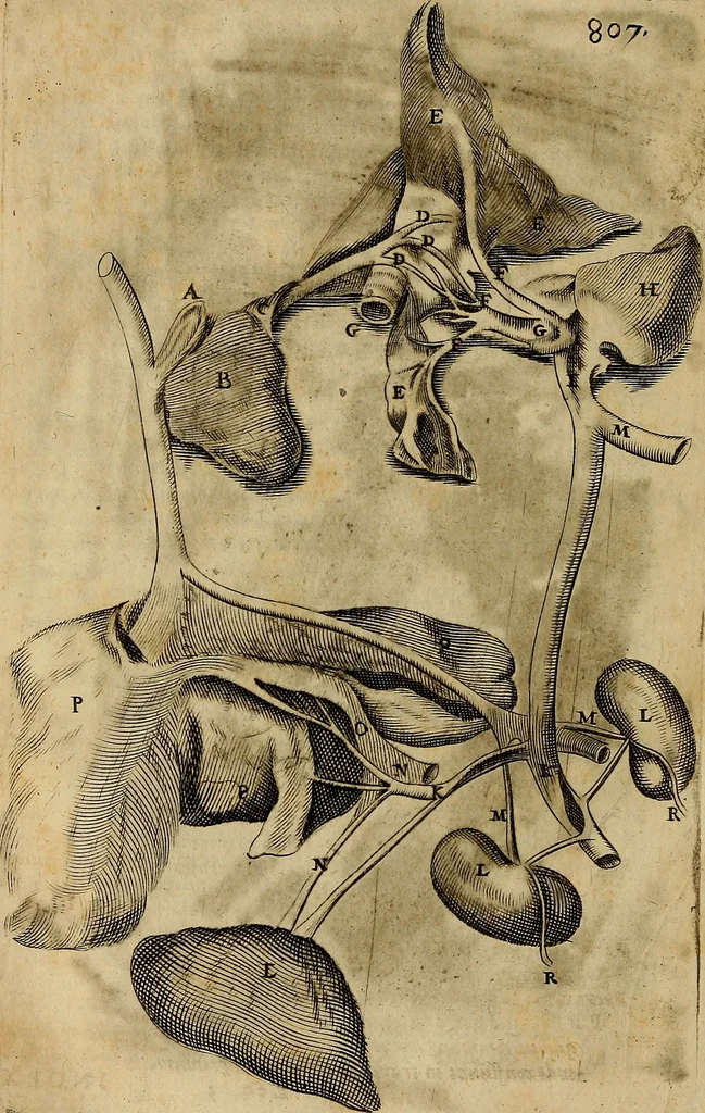 An illustration from Thomae Bartholini Archiatri Danici, Anatome quartum renovata : non tantum ex Institutionibus b.m. parentis, Caspari Bartholini, sed etiam ex omnium cùm veterum, tum recentiorum observationibus, ad circulationem Harveianam, & vasa lymphatica directis : cum iconibus novis et indicibus, 1684, leaf 869