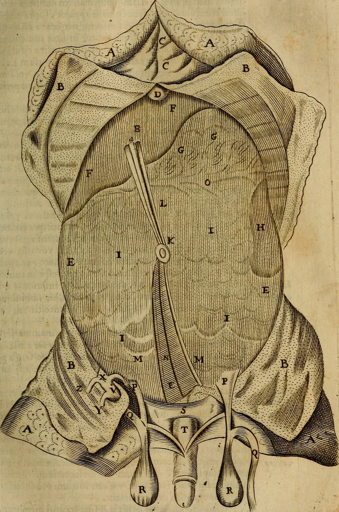 An illustration from Thomae Bartholini Archiatri Danici, Anatome quartum renovata : non tantum ex Institutionibus b.m. parentis, Caspari Bartholini, sed etiam ex omnium cùm veterum, tum recentiorum observationibus, ad circulationem Harveianam, & vasa lymphatica directis : cum iconibus novis et indicibus, 1684, leaf 96
