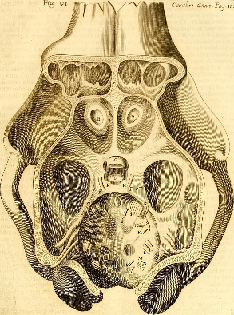 An illustration from Thomae Willis ... Opera omnia, nitidius quàm vnquam hactenus edita, plurimùm emendata, indice rerum copiosissimo, ac distinctione characterum exornata, 1694, leaf 136