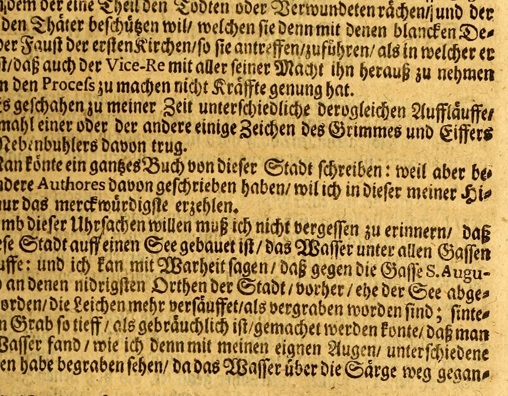 An illustration from Thomas Gage Neue merckwürdige Reise-Beschreibung nach Neü Spanien, : was ihm daselbst seltsames begegnet, und wie er durch die Provintz Nicaragua wider zurück nach der Havana gekehret: in welcher zu finden ist ein ausführlicher Bericht von der Stadt Mexico, wie selbte so wol vor alters gewesen, als auch wie sie ietzo beschaffen sey: ingleichen eine vollkommene Beschreibung aller Länder und Provinzen, welche die Spanier in gantz America besitzen; von ihrem Kirchen- und Policey-Regiment; ihrem Handel; wie auch von ihren und der Criollen, Mestifen [sic], Mulaten, Indianer und Schwartzen, Sitten und Lebens-Art. Deme allem zum Beschluss noch beygefüget ist ein kurtzer Unterricht von der Poconchischen oder Pocomanischen Sprache., 1693, leaf 125