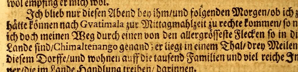 An illustration from Thomas Gage Neue merckwürdige Reise-Beschreibung nach Neü Spanien, : was ihm daselbst seltsames begegnet, und wie er durch die Provintz Nicaragua wider zurück nach der Havana gekehret: in welcher zu finden ist ein ausführlicher Bericht von der Stadt Mexico, wie selbte so wol vor alters gewesen, als auch wie sie ietzo beschaffen sey: ingleichen eine vollkommene Beschreibung aller Länder und Provinzen, welche die Spanier in gantz America besitzen; von ihrem Kirchen- und Policey-Regiment; ihrem Handel; wie auch von ihren und der Criollen, Mestifen [sic], Mulaten, Indianer und Schwartzen, Sitten und Lebens-Art. Deme allem zum Beschluss noch beygefüget ist ein kurtzer Unterricht von der Poconchischen oder Pocomanischen Sprache., 1693, leaf 260